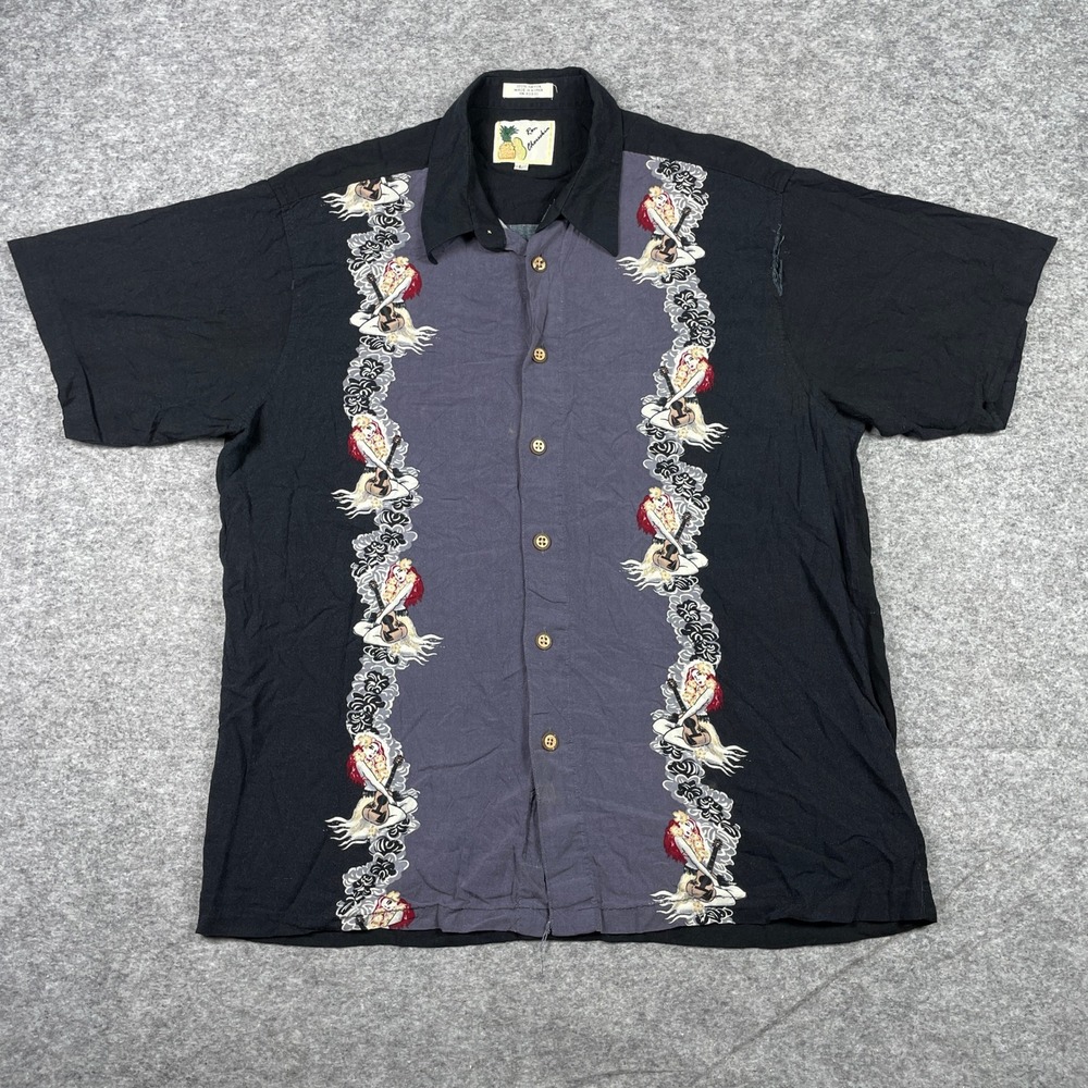 Vintage Ron Chereskin Shirt Mens L Black 100% Rayon Hula Girl Tropical Camp